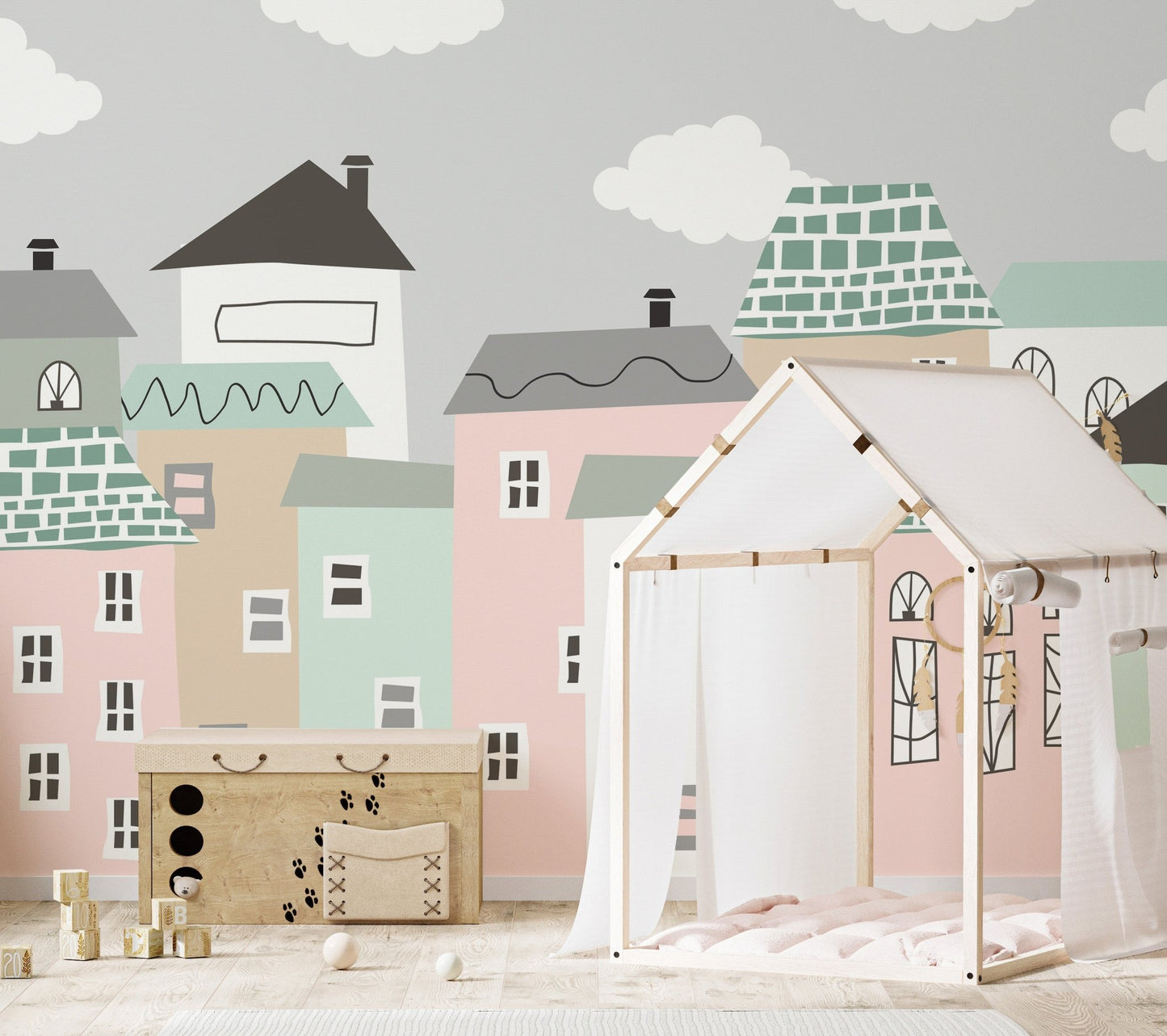 Tranquil neighborhood scene mural for calming kids room interiors.
