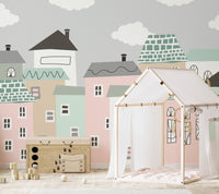 Tranquil neighborhood scene mural for calming kids room interiors.

