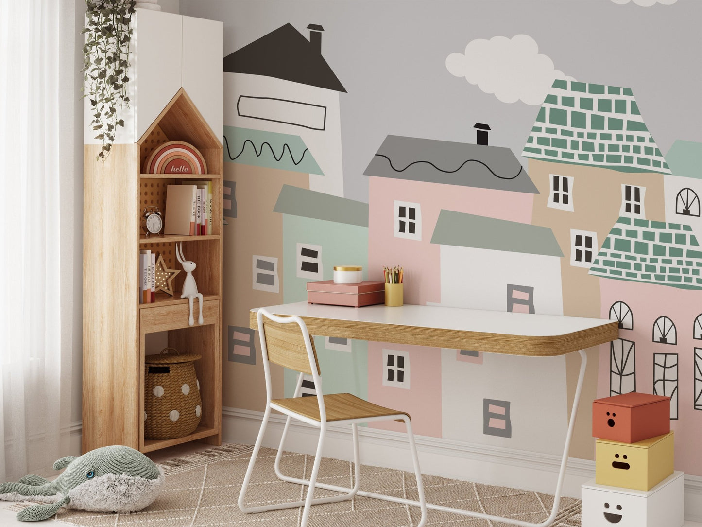 Scenic neighborhood wall mural with a tranquil atmosphere in study room.
