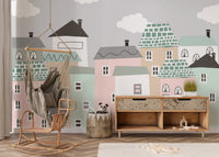 Serene neighborhood scene mural for modern nursery wall designs.
