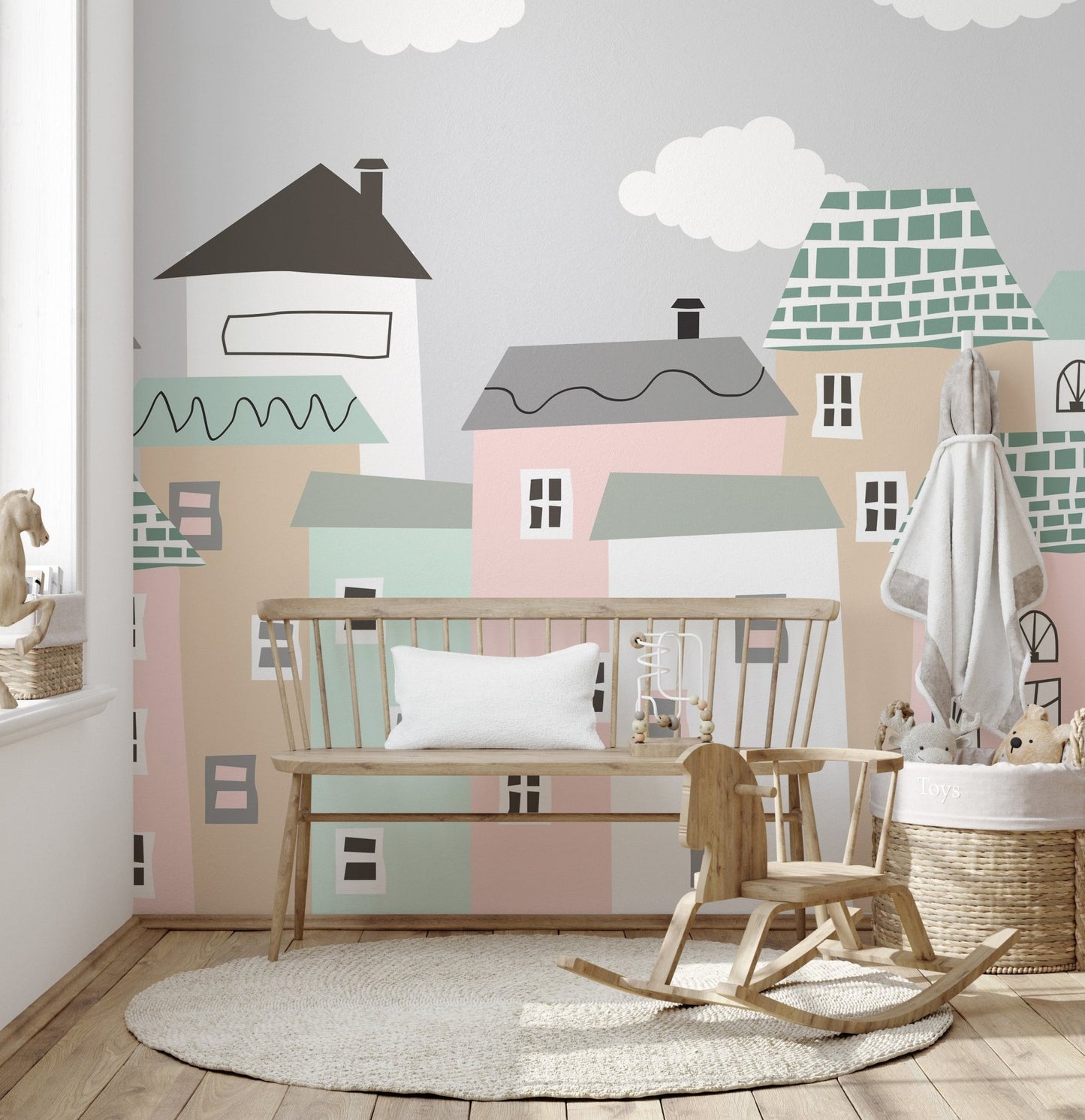 Relaxing neighborhood wall mural with a tranquil vibe in children's space.



