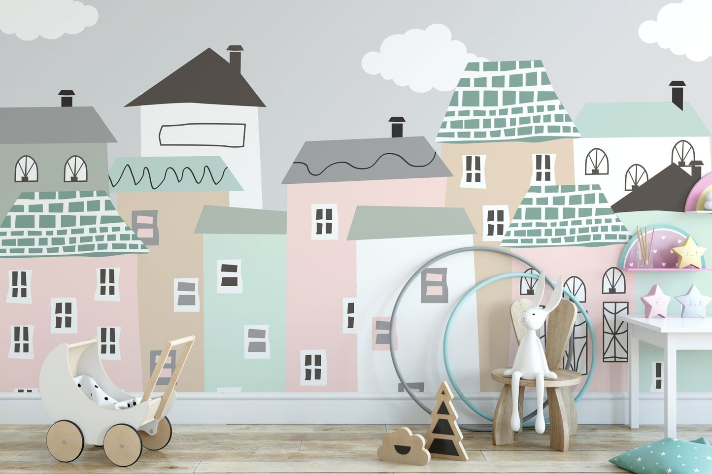 Quiet and tranquil neighborhood mural for serene nursery interiors.

