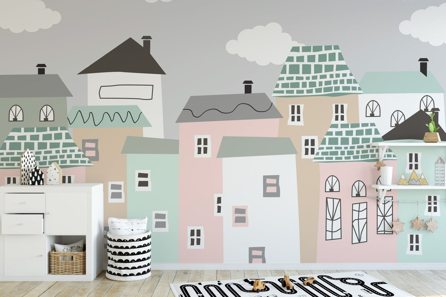 Serene neighborhood mural for peaceful and cozy nursery wall decor.
