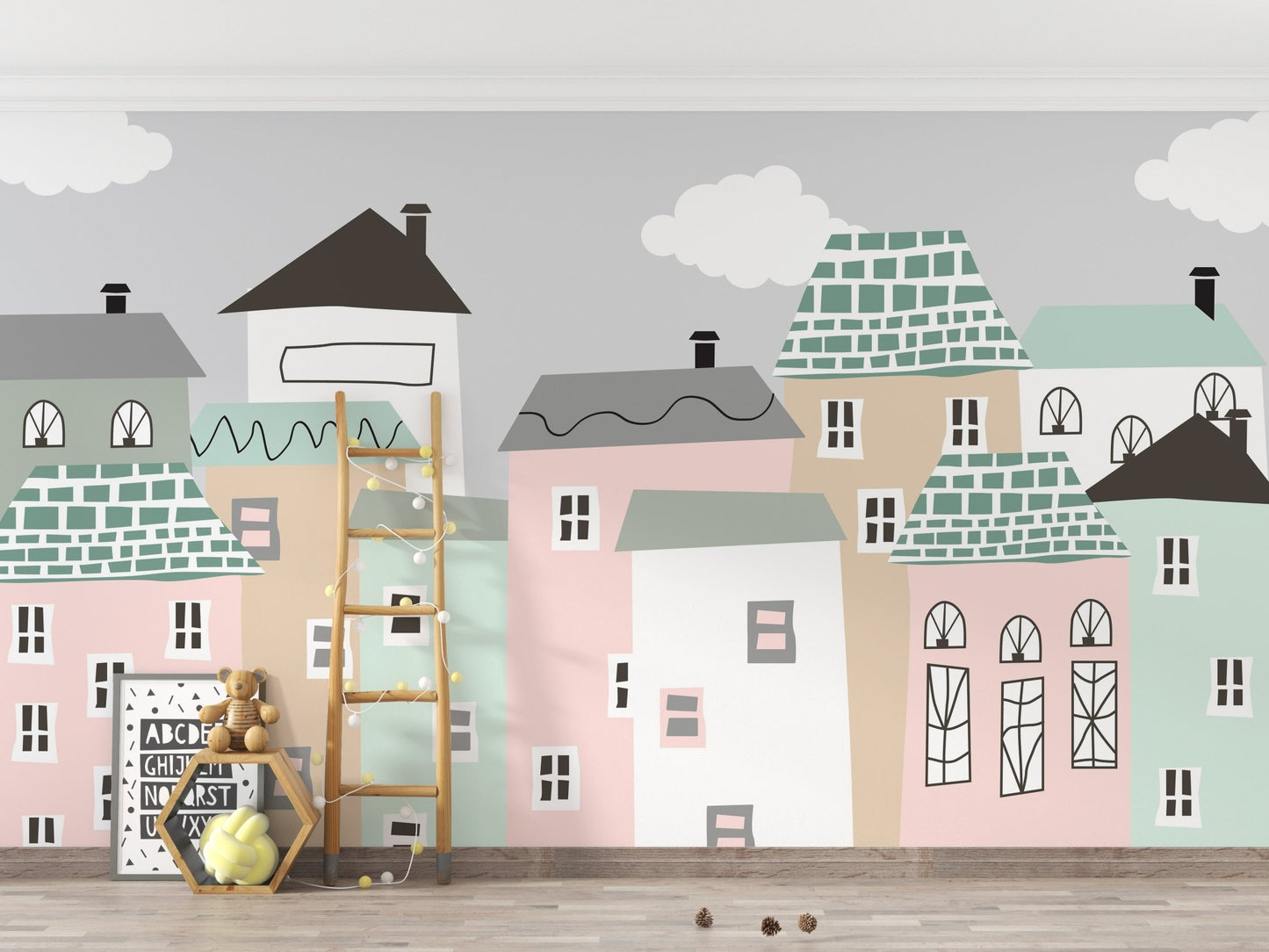 Cozy neighborhood mural creating a tranquil wall aesthetic in kid space.
