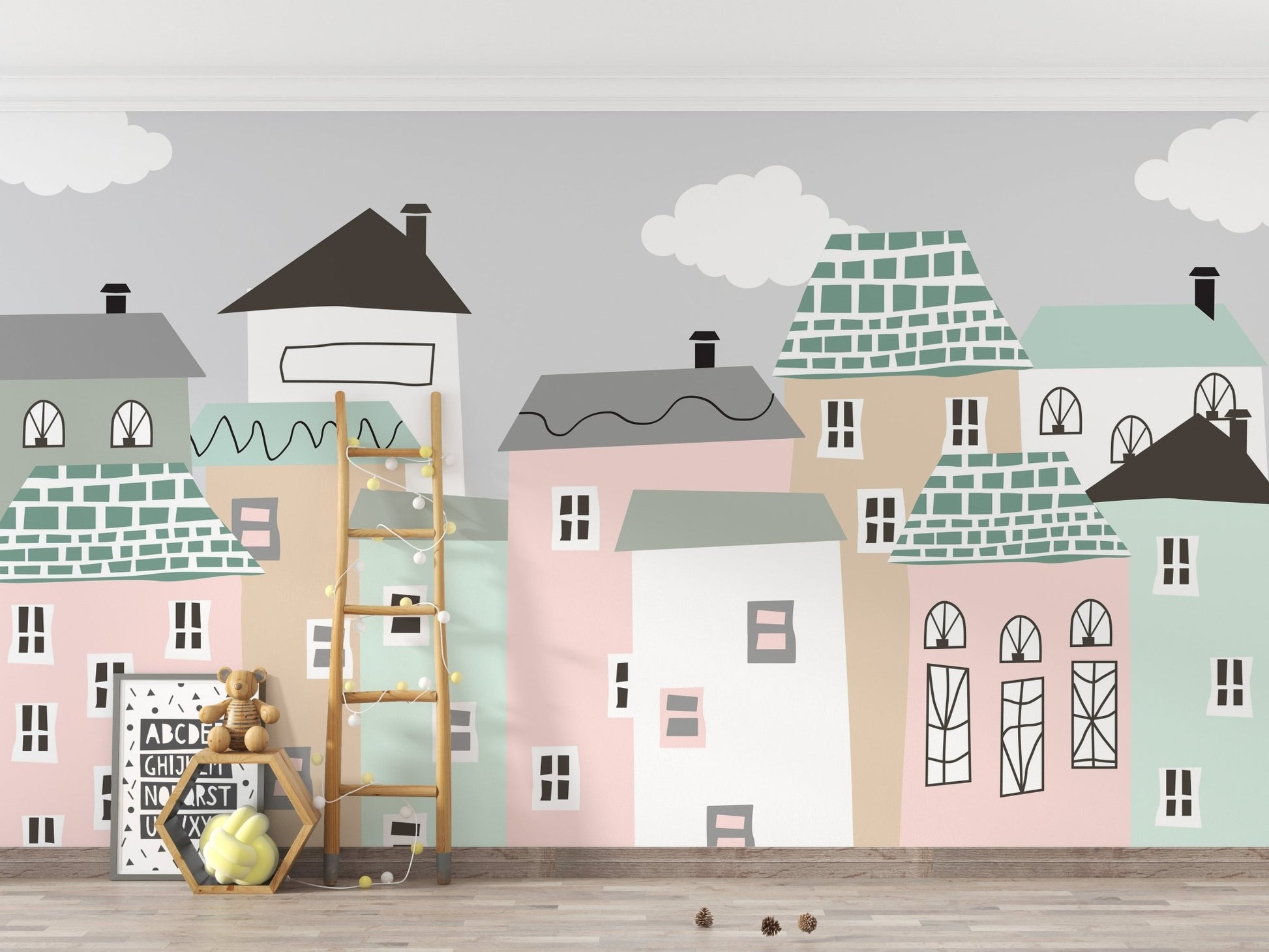 Cozy neighborhood mural creating a tranquil wall aesthetic in kid space.
