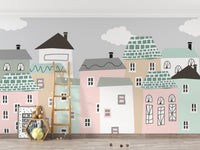 Cozy neighborhood mural creating a tranquil wall aesthetic in kid space.
