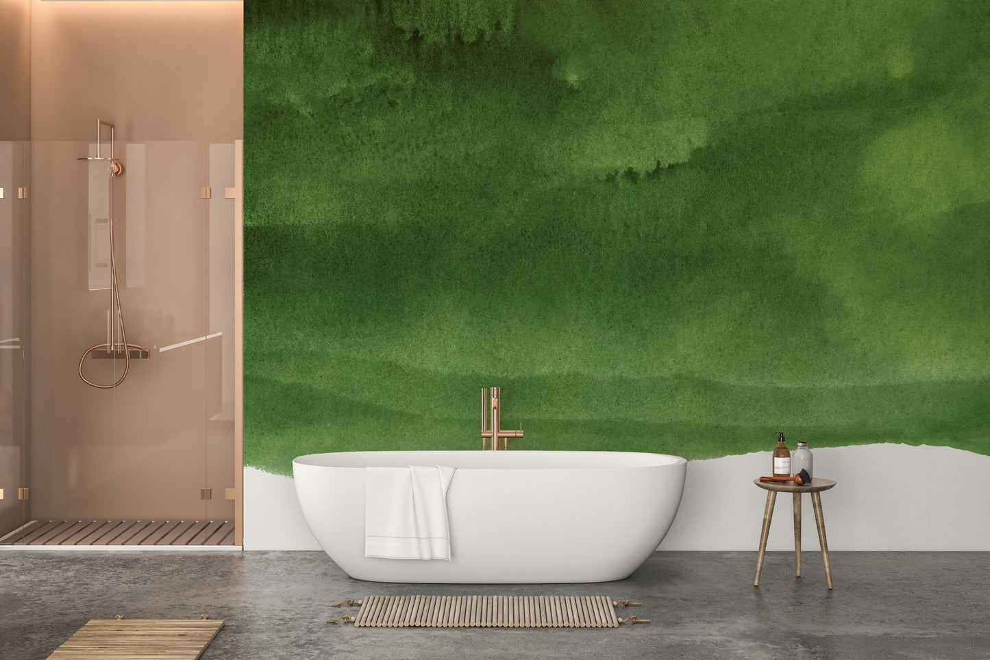 Soft green shades mural for a relaxing and stylish atmosphere in bathroom.
