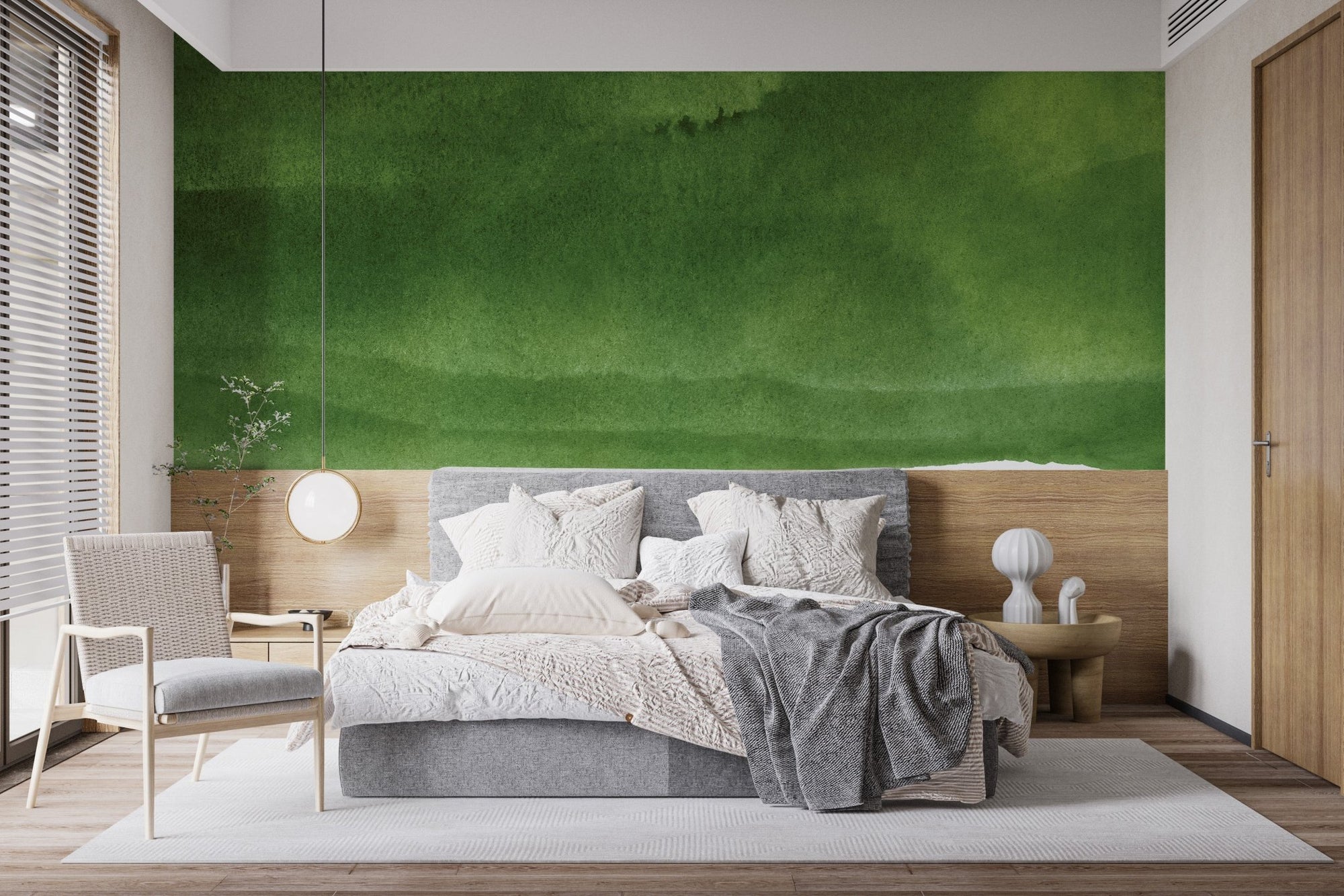 Serene green wall mural with tranquil, soothing shades in bedroom.
