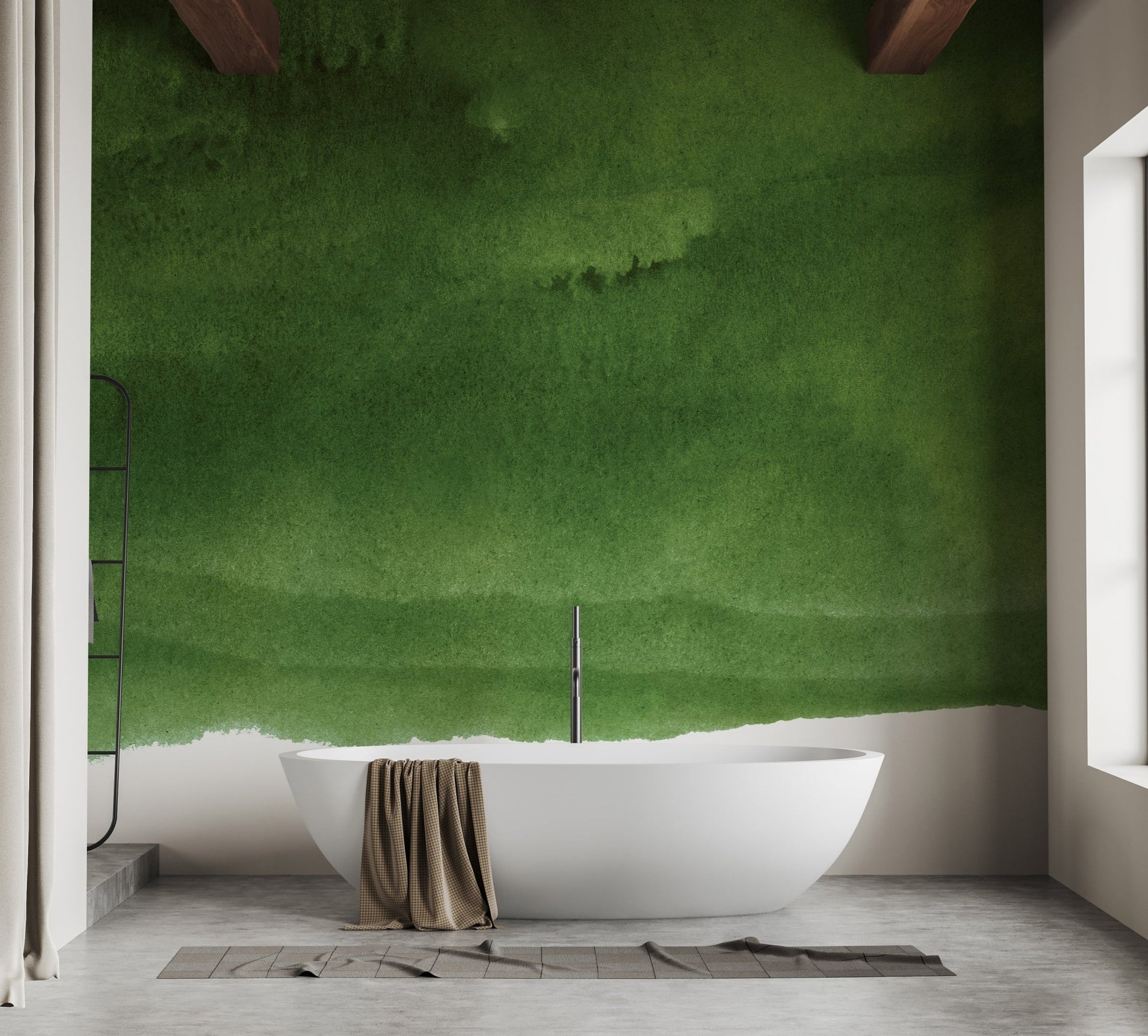 Tranquil shades of green wall mural for elegant wall design in bathroom.

