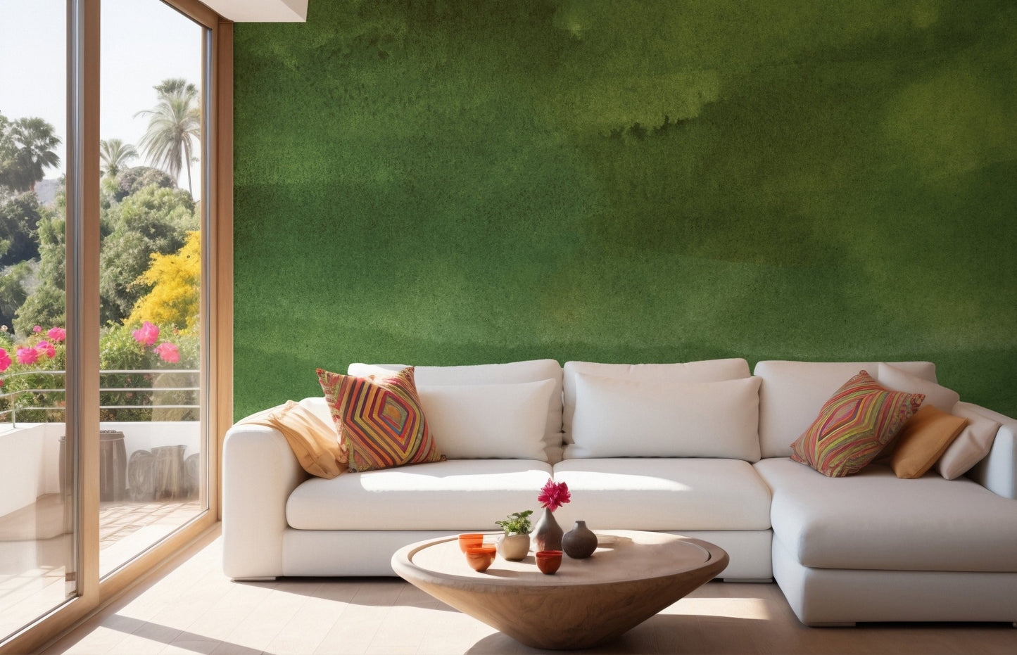 Elegant green mural featuring soft and harmonious tones in living area.
