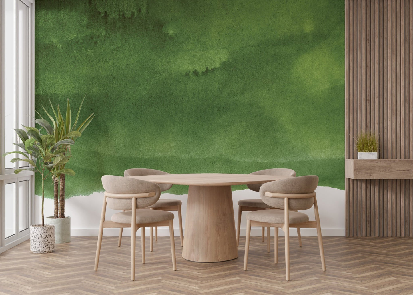 Green wall mural showcasing tranquil and earthy tones in dining room.
