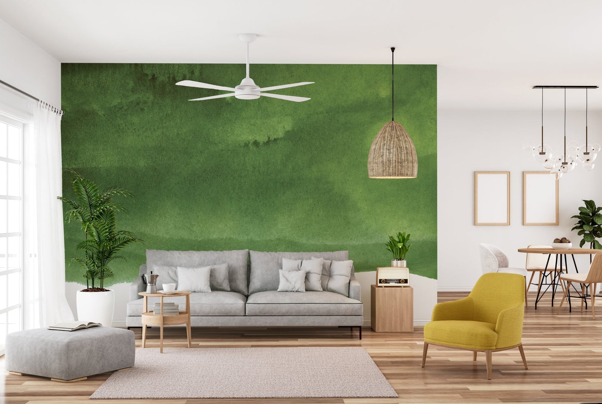 Tranquil shades of green mural creating a calming living space ambiance.
