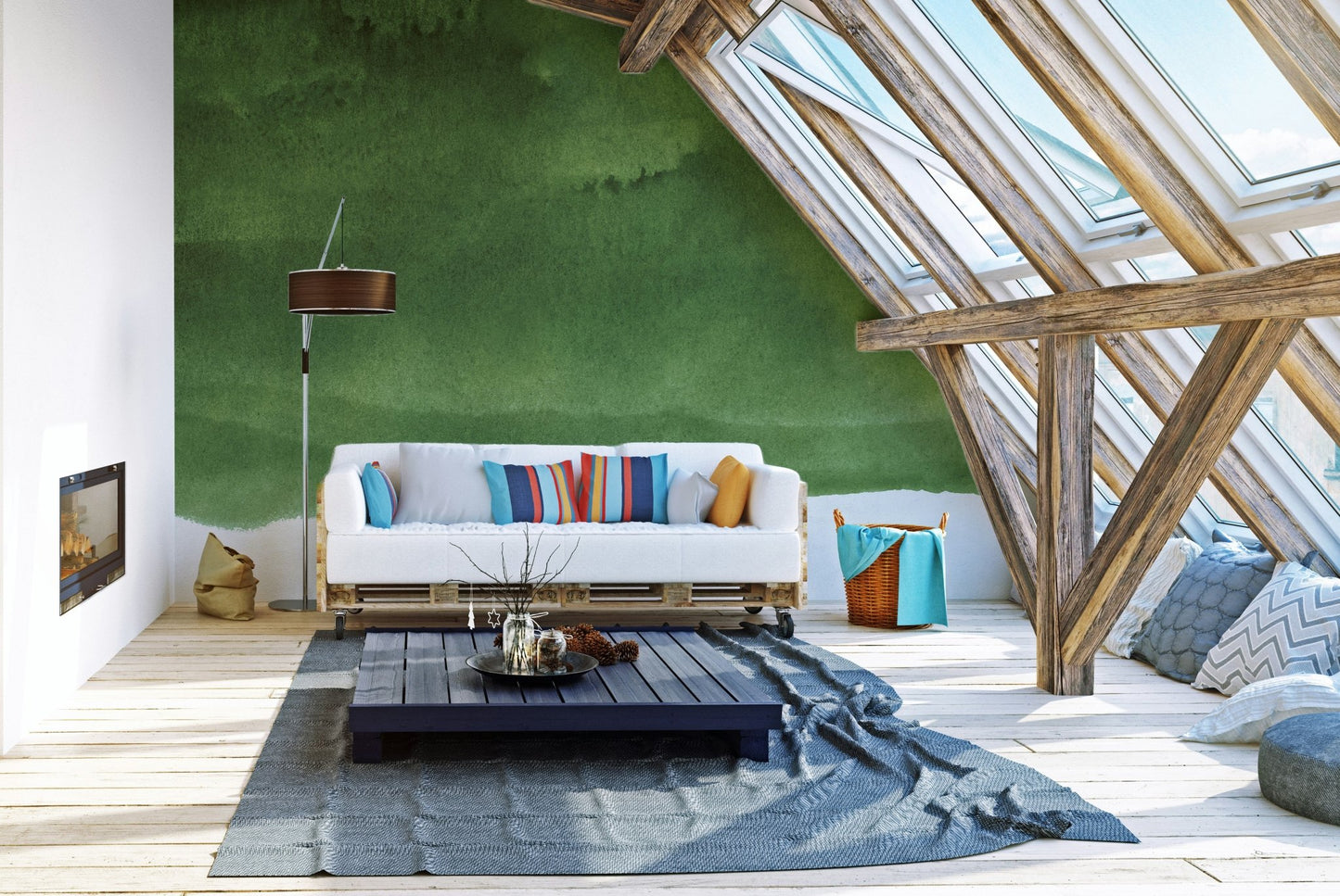 Tranquil green wall mural perfect for attic living space interior decor.
