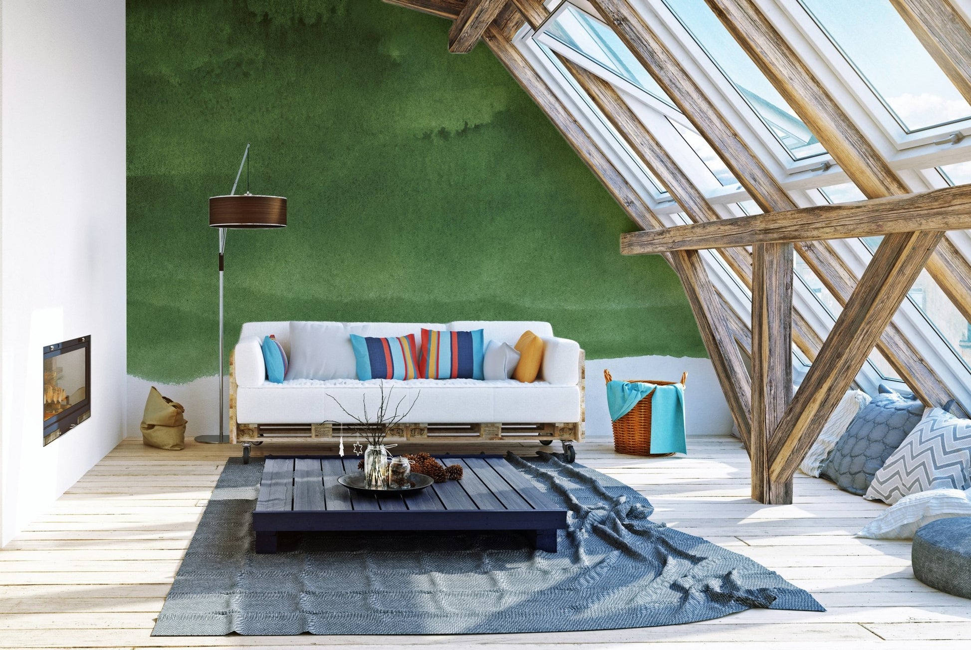 Tranquil green wall mural perfect for attic living space interior decor.
