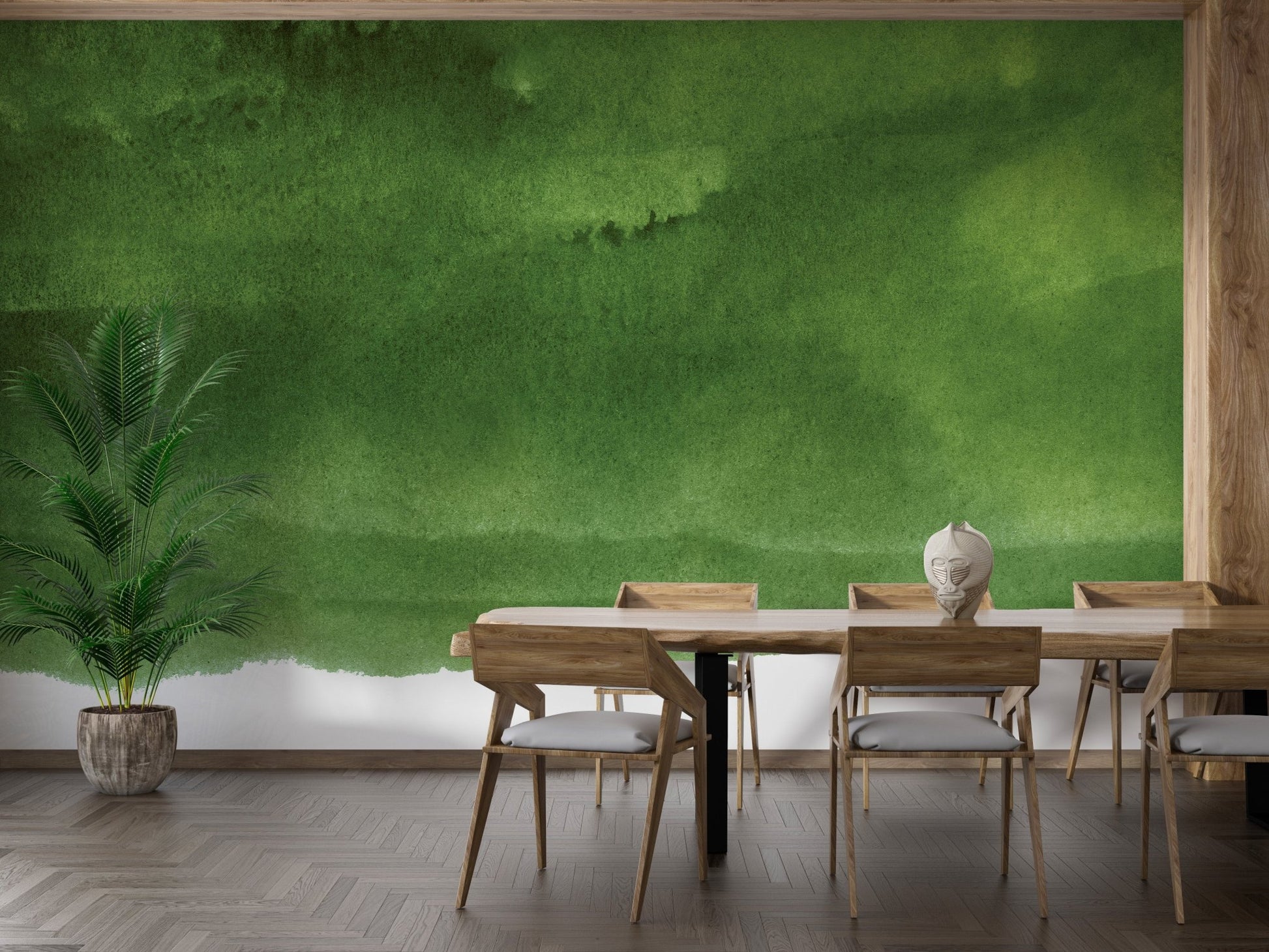 Harmonious green mural creating a serene dining space.