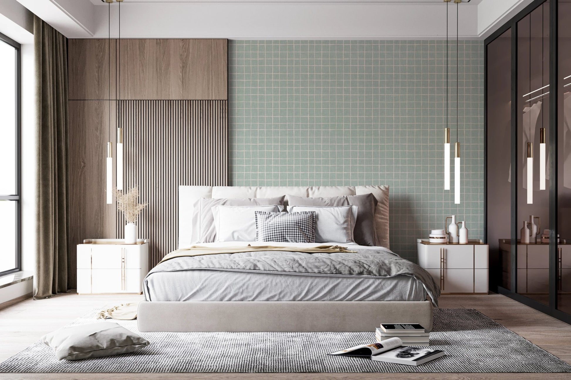 Artisanal teal grid wallpaper with a cozy fabric texture.