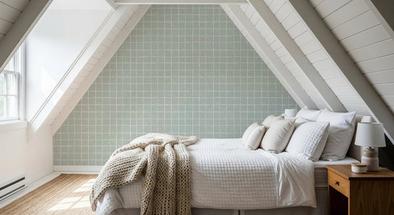 Hand-drawn teal squares on a textured linen background.