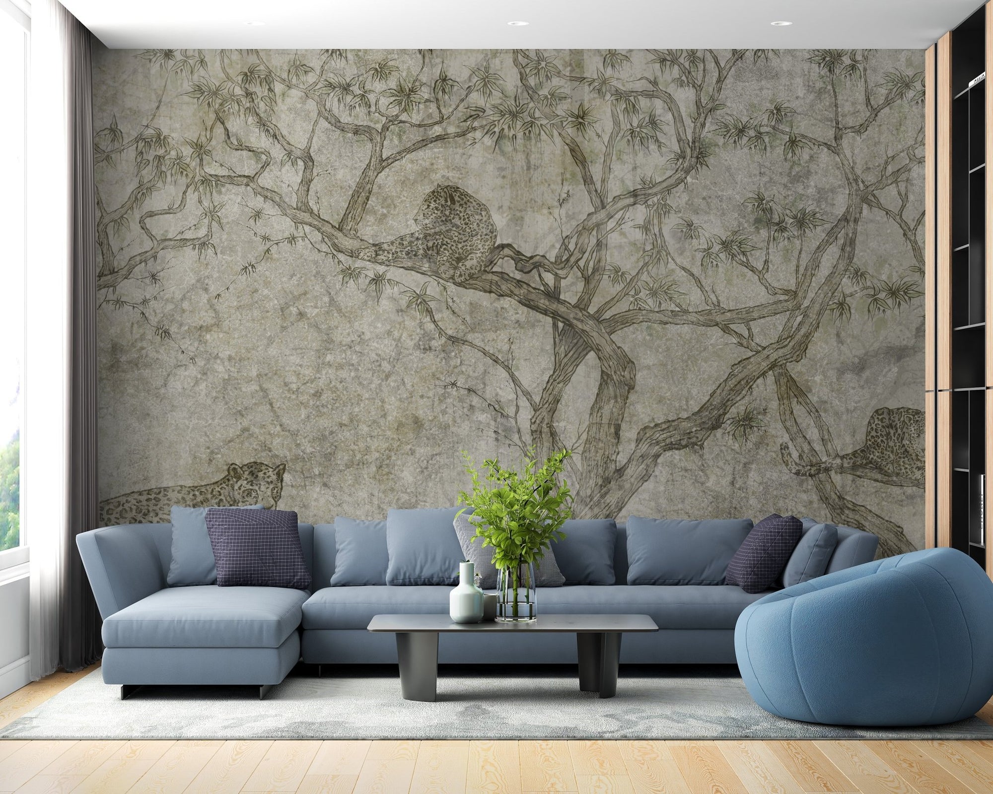 Fierce Tree of the Predator mural with striking wild details in living room.
