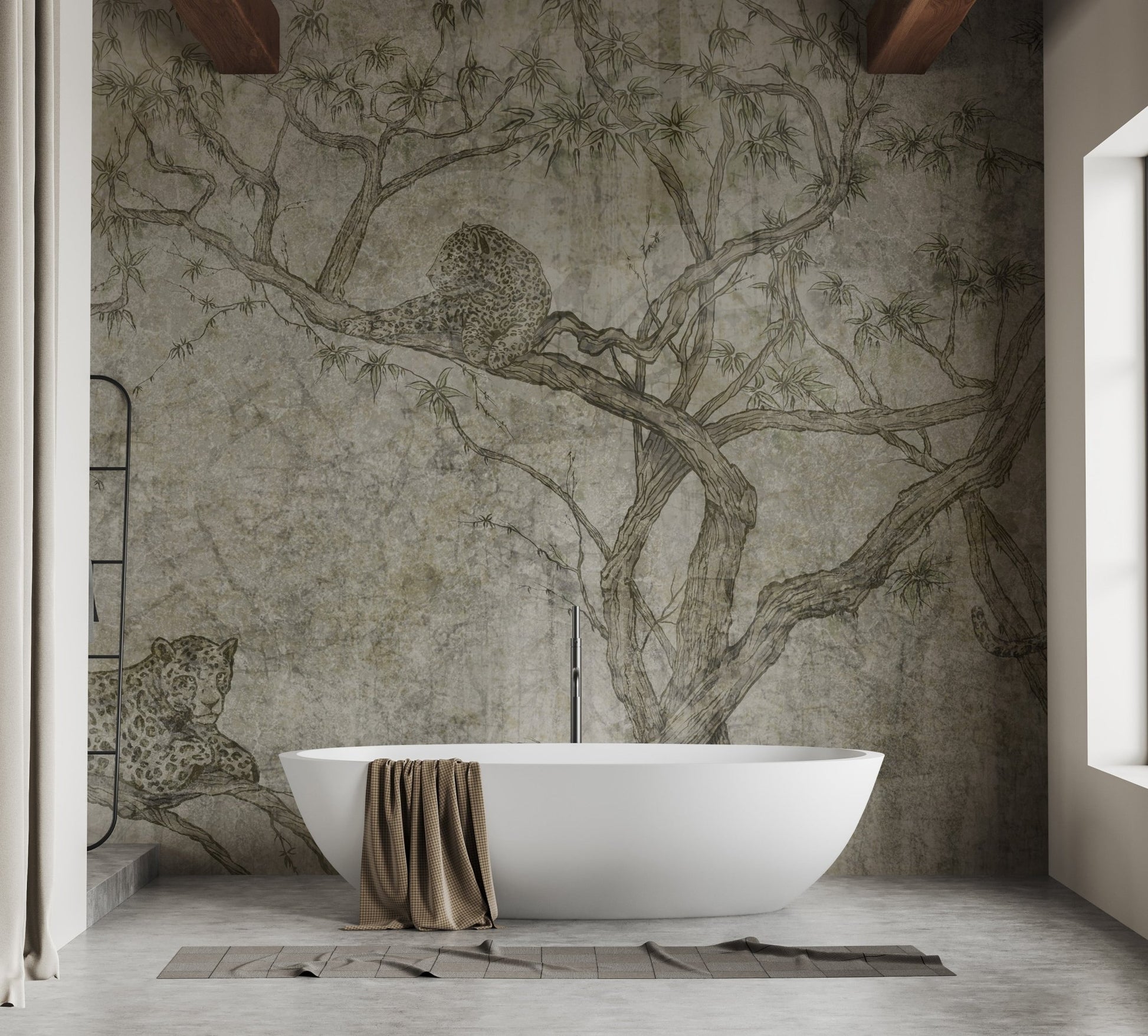 Removable predator tree mural adding dramatic wall appeal in bathroom.
