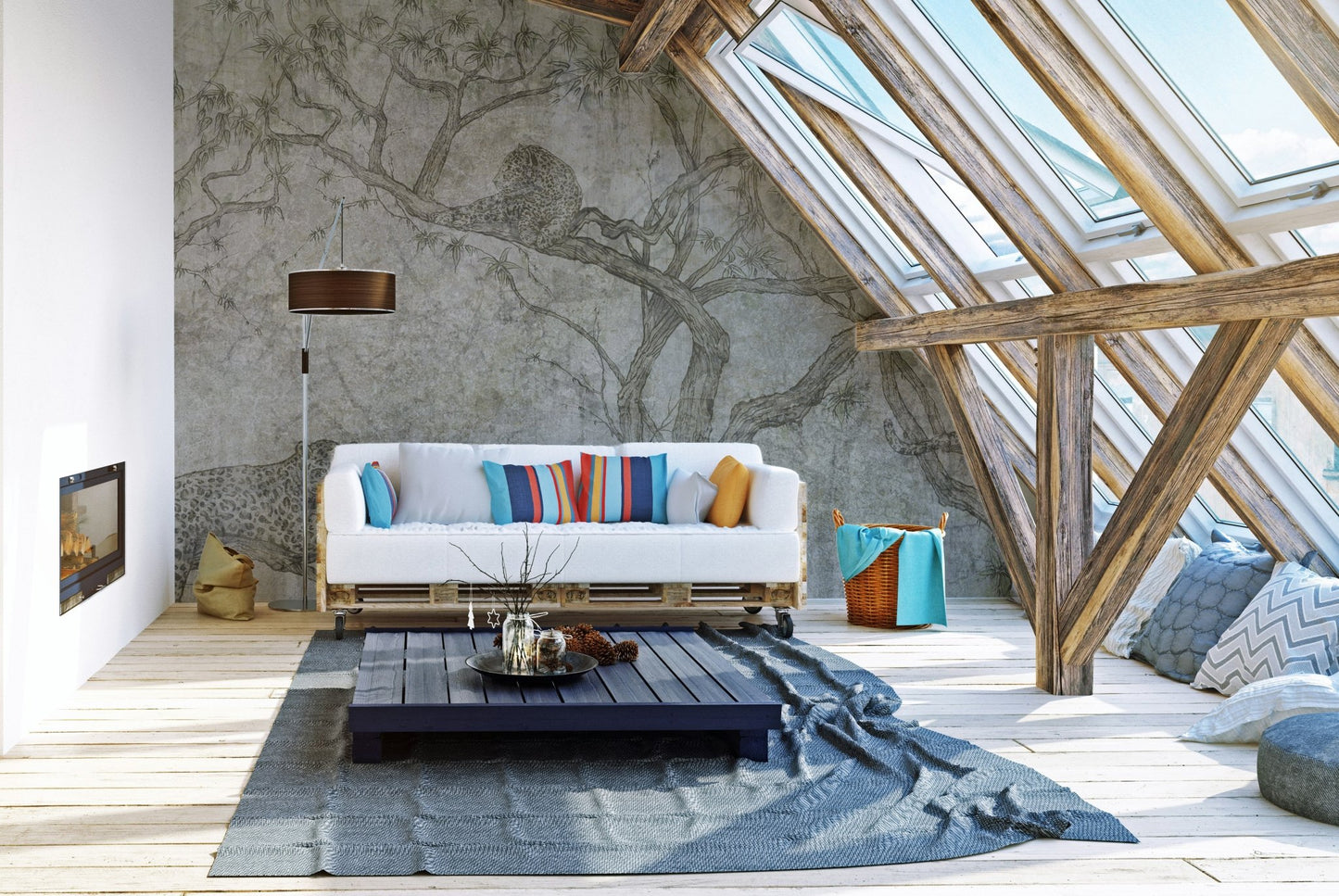 Bold removable mural featuring a predator-themed tree in attic living space.
