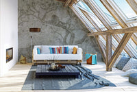 Bold removable mural featuring a predator-themed tree in attic living space.
