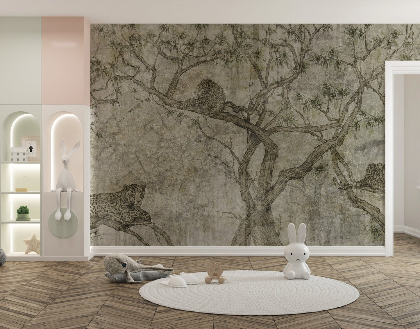 Wild and captivating predator tree mural for adventurous nursery walls.
