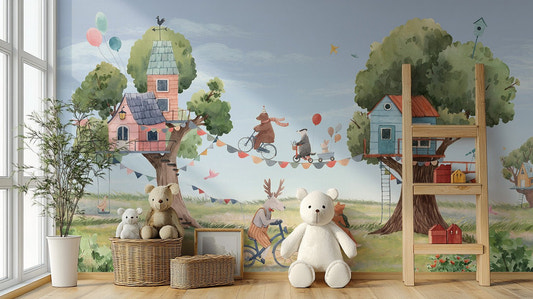 Soft blue sky background in a treehouse party wallpaper.