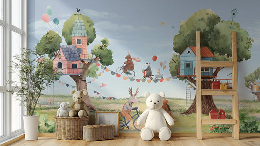 Soft blue sky background in a treehouse party wallpaper.