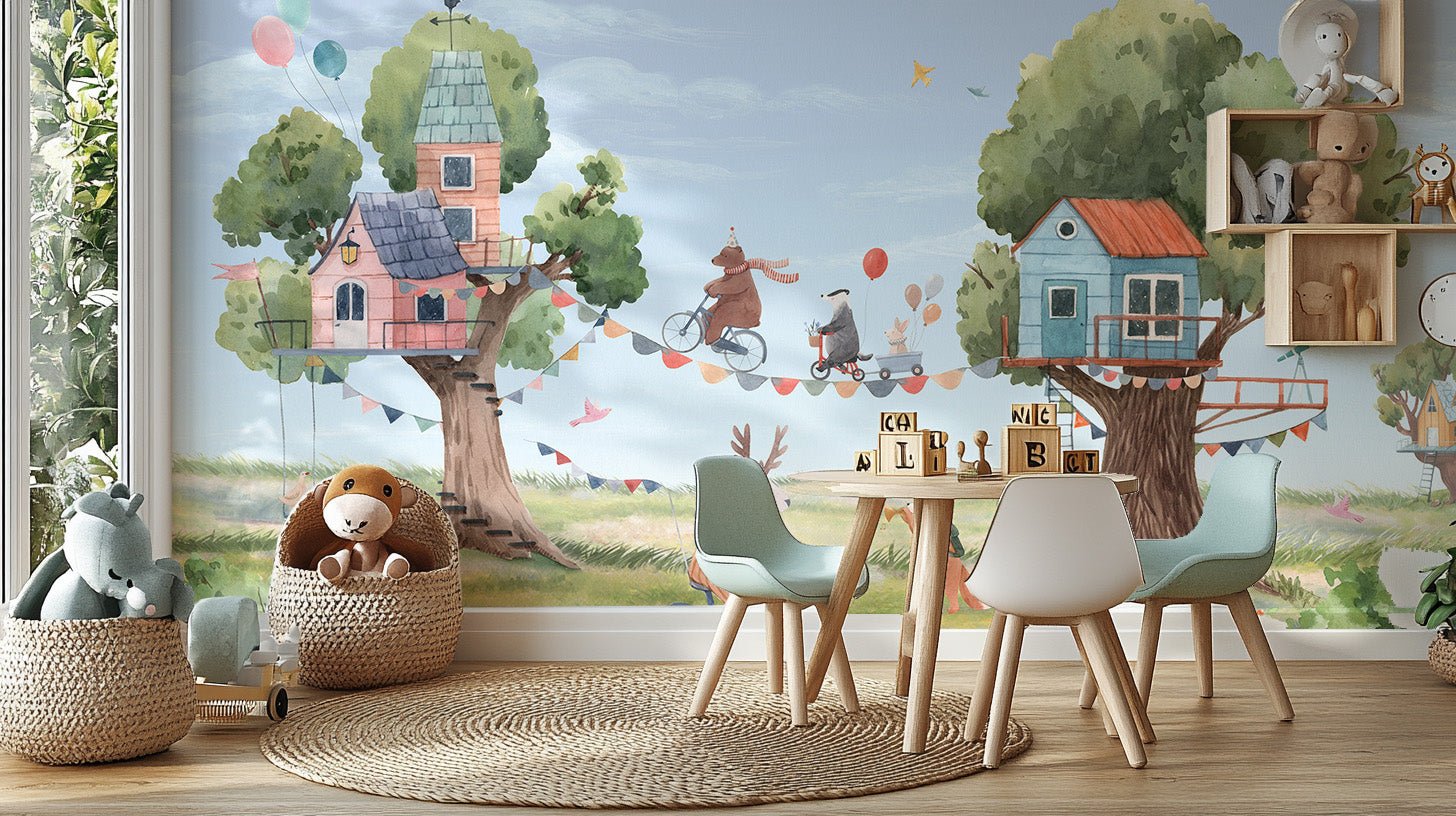 Treehouse party wallpaper for kids room with watercolor animals.