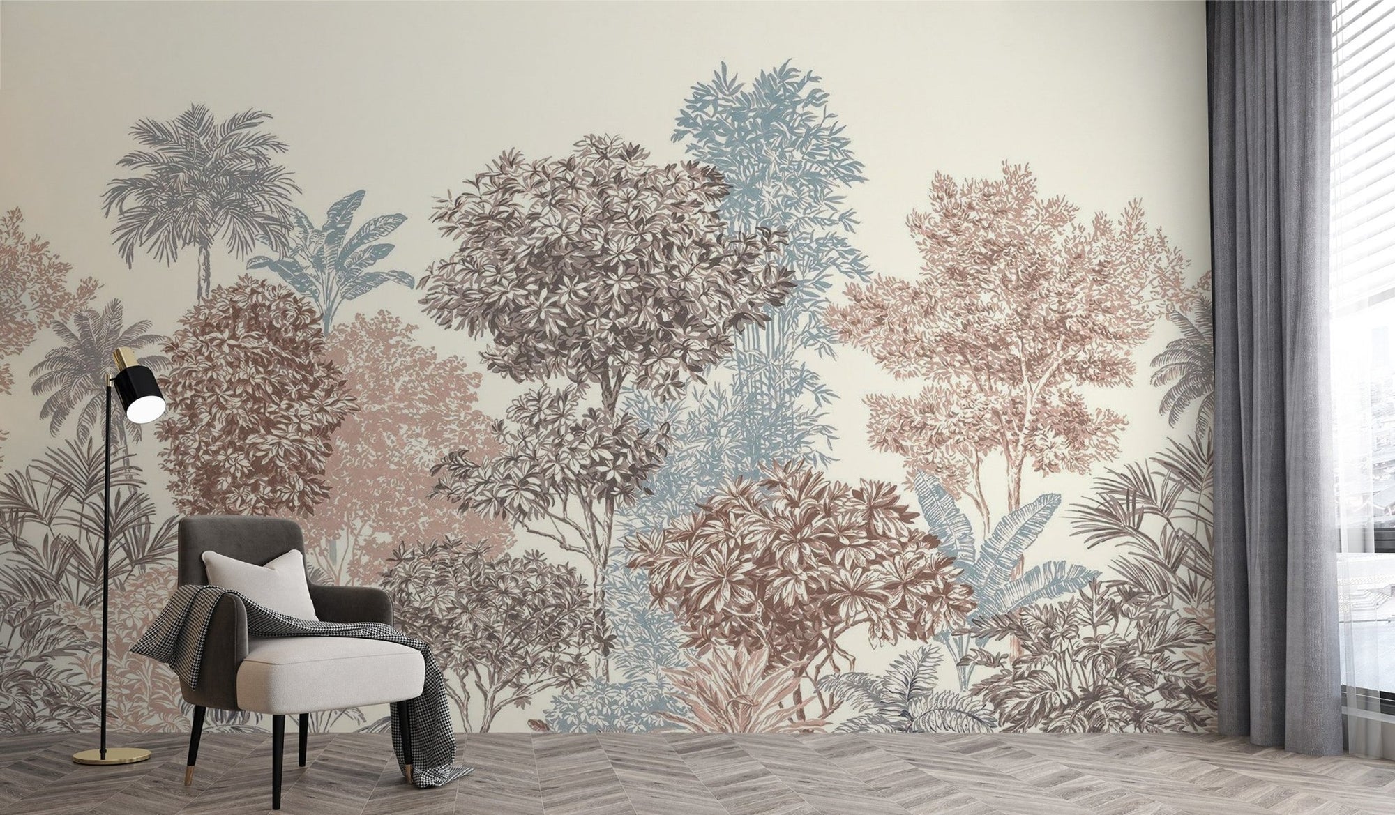 Trees harmony wallpaper mural with terracotta and blue botanical sketches.