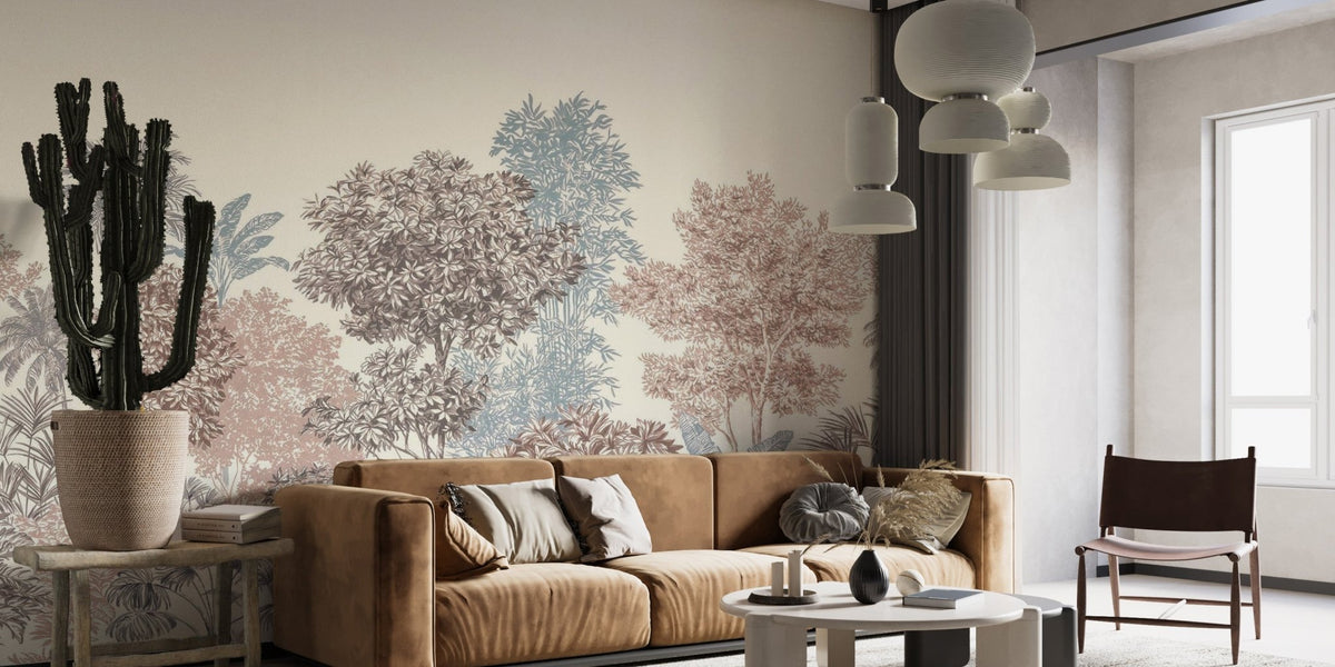 Earthy terracotta and teal tree illustrations on a smooth wallpaper.