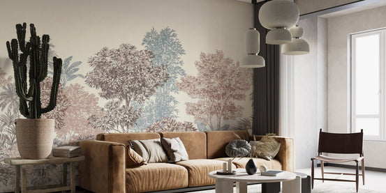 Earthy terracotta and teal tree illustrations on a smooth wallpaper.