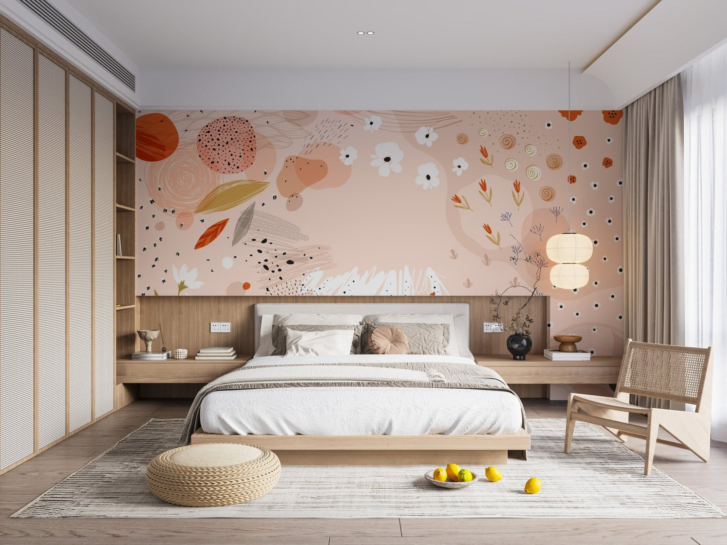 Large bedroom featuring a peach and terracotta floral art wall mural.