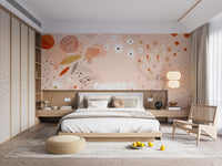 Large bedroom featuring a peach and terracotta floral art wall mural.