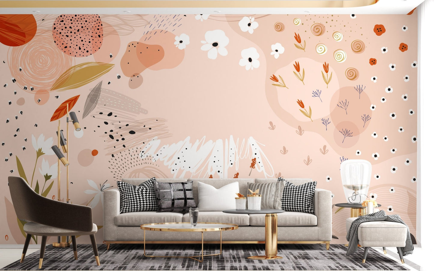 Living room setup with a grey sofa and a trendy abstract floral wall mural.