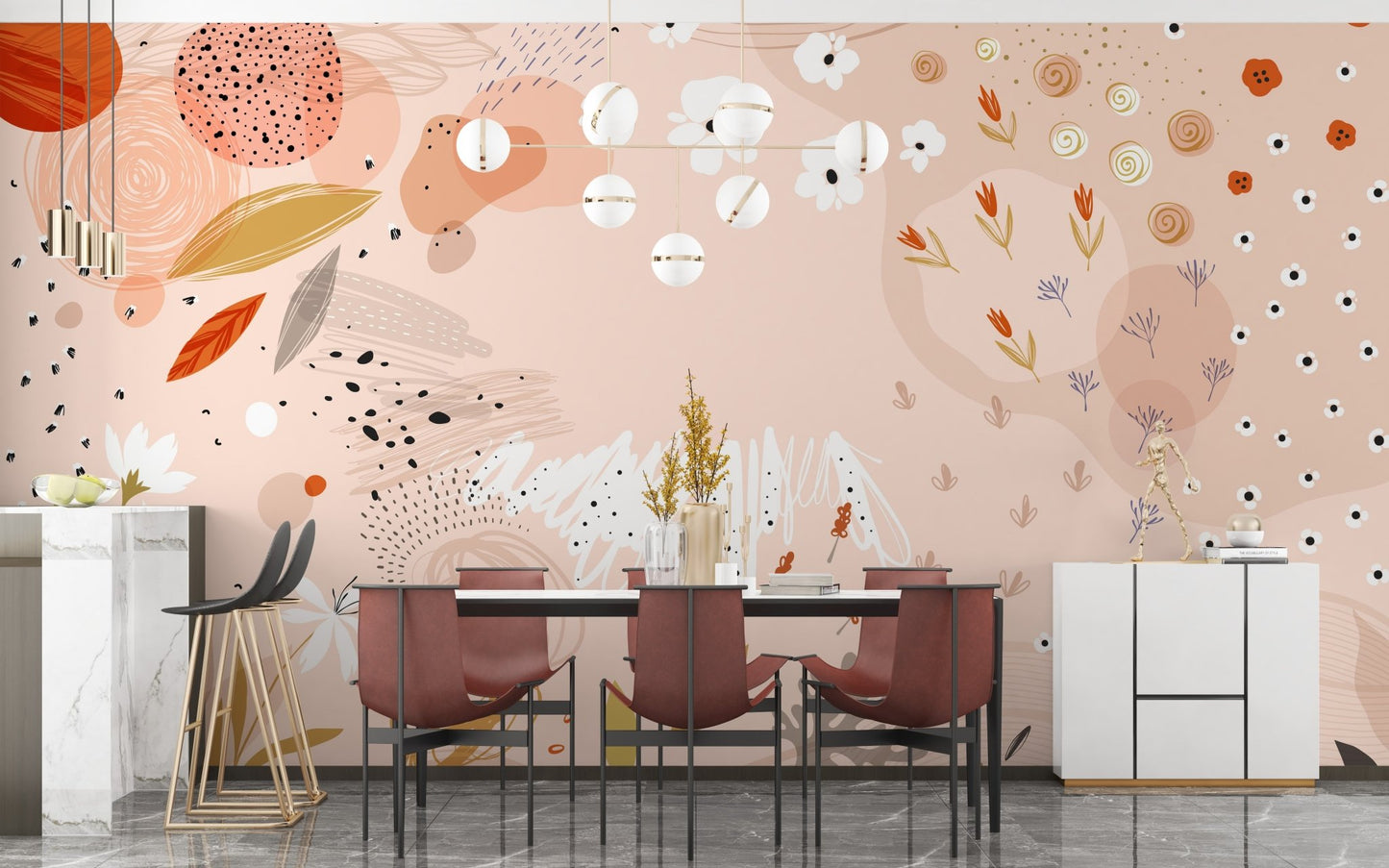 Minimalist dining space showing a pink toned abstract floral wall mural.
