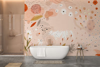 Bathroom interior with a white tub and a peach abstract floral wall mural.