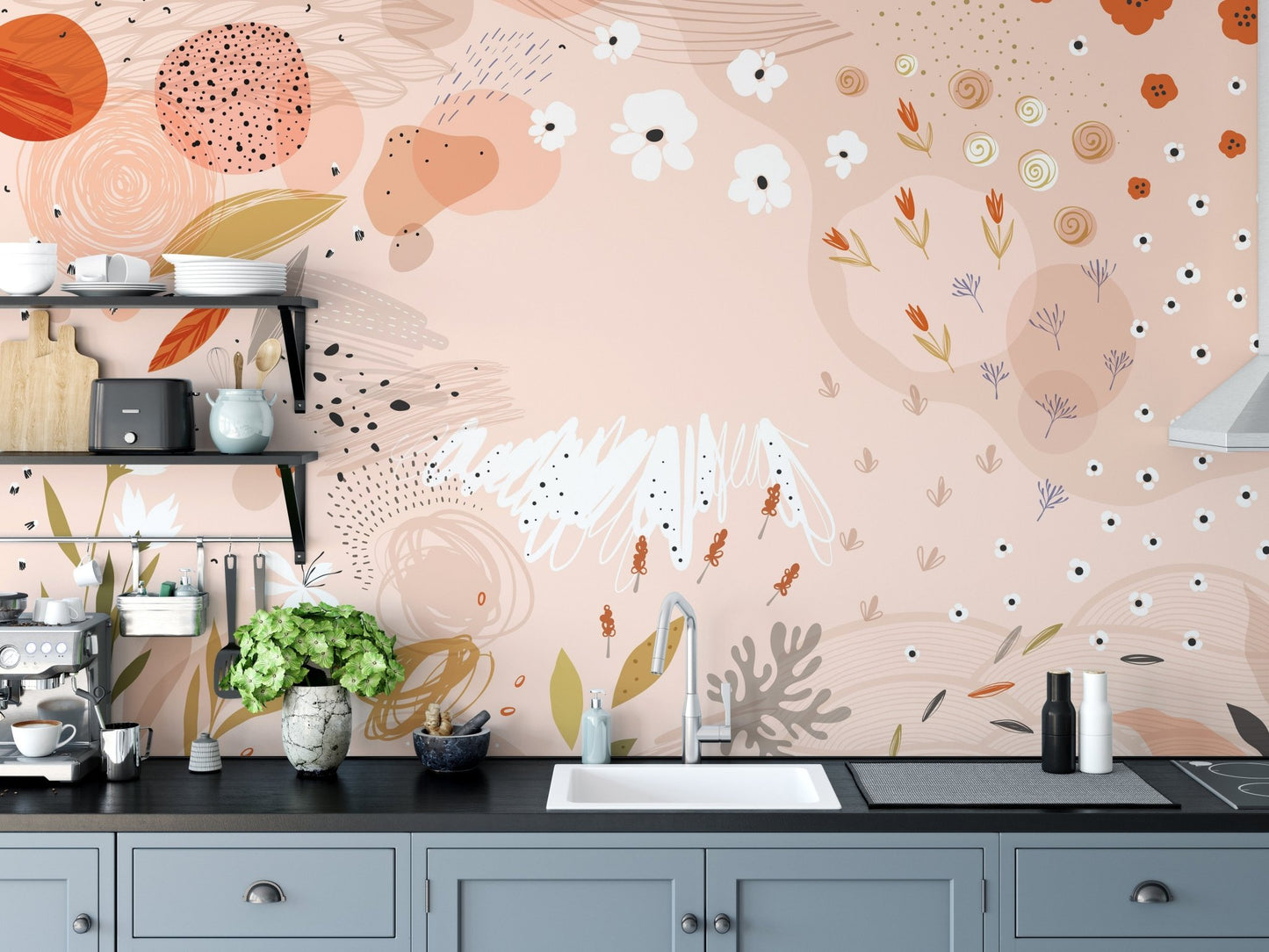 Kitchen space featuring a peach floral pattern wall mural above the counter.