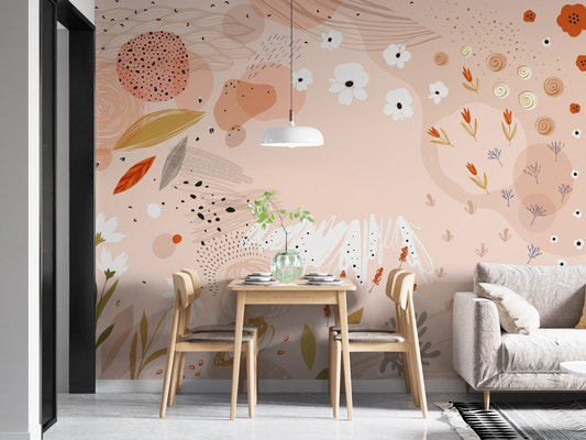Trendy Abstract Floral Art Wall Mural in a dining area with wooden furniture.