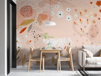 Trendy Abstract Floral Art Wall Mural in a dining area with wooden furniture.