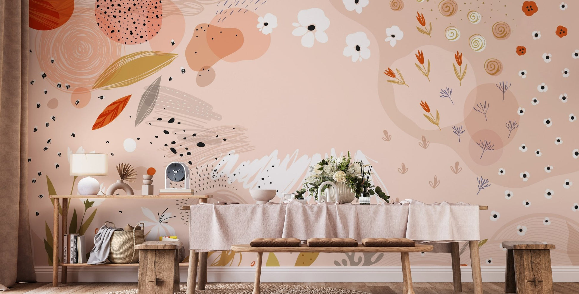 Dining table setting with a light pink abstract floral art wall mural.