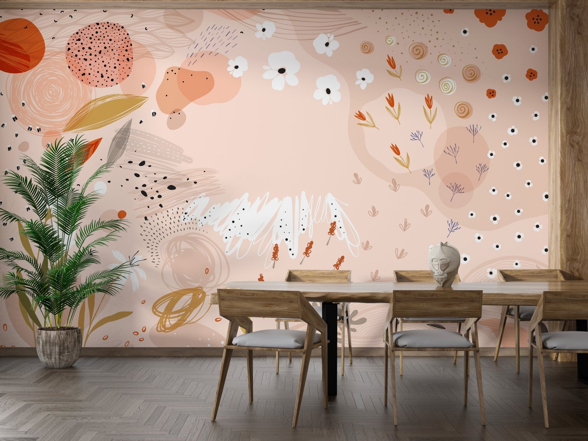 Modern dining room with a botanical abstract wall mural and green plants.