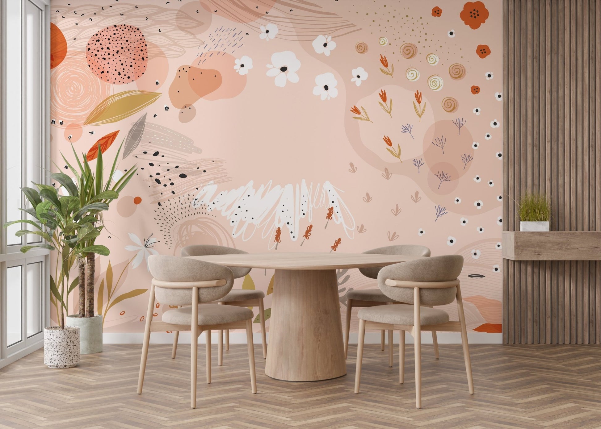 Sunlit dining area with neutral furniture and a floral art wall mural.