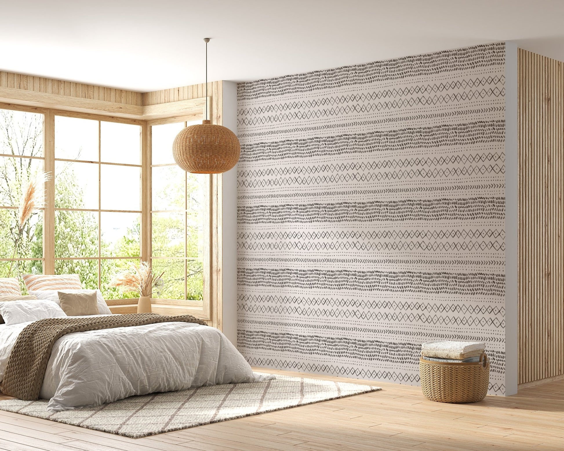Master bedroom with beige decor and Trendy Boho Abstract Watercolor Ethnic Wall mural.