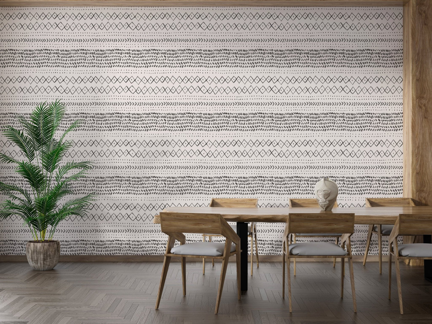 Dining room with wooden table and Trendy Boho Abstract Watercolor Ethnic Wall mural.