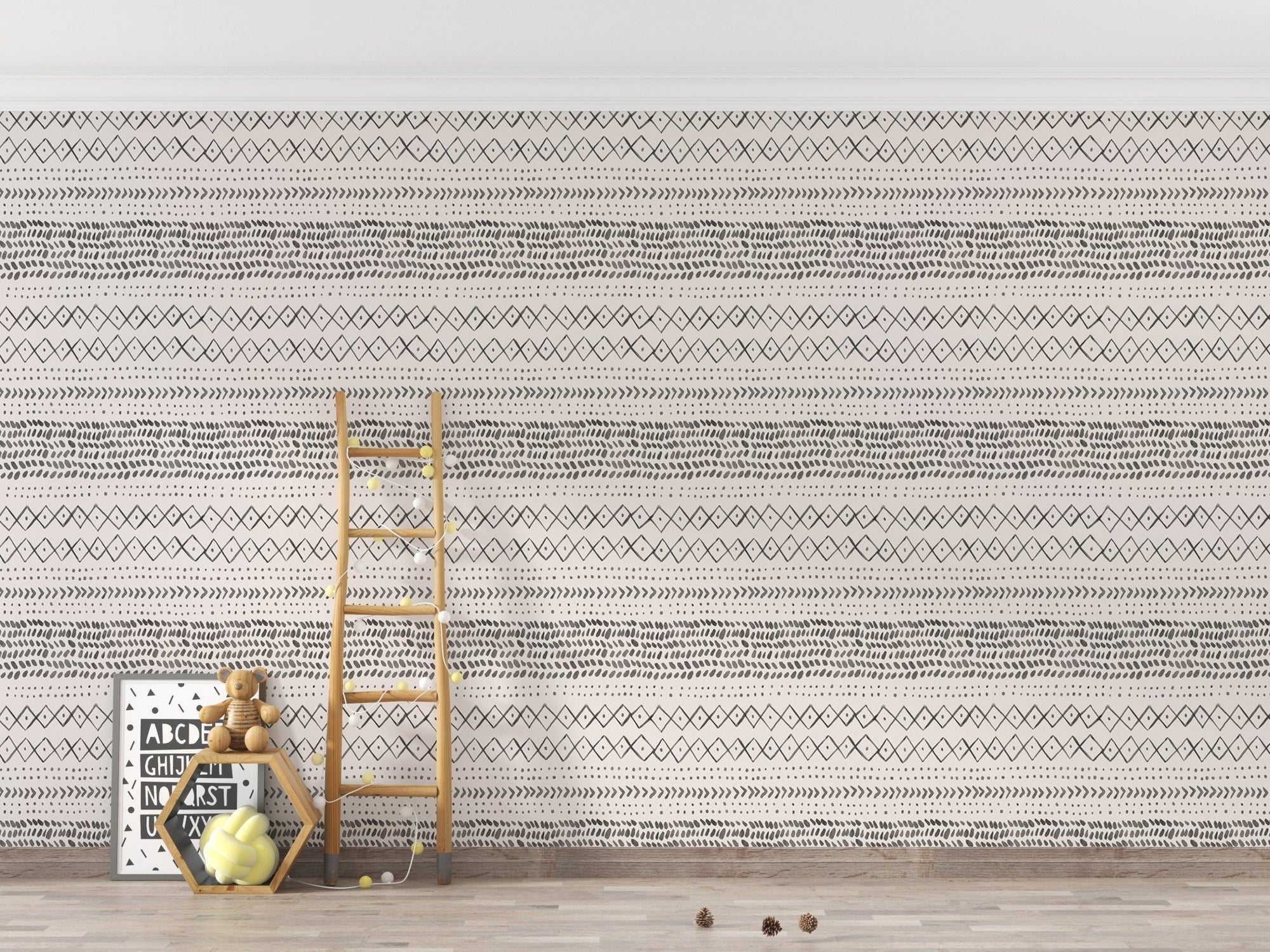 Empty room with Trendy Boho Abstract Watercolor Ethnic Wall mural and a wooden ladder.