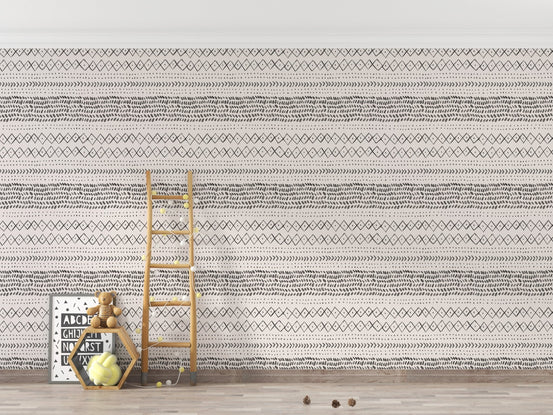 Empty room with Trendy Boho Abstract Watercolor Ethnic Wall mural and a wooden ladder.