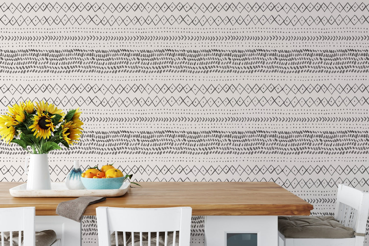 Kitchen breakfast nook with sunflowers and Trendy Boho Abstract Watercolor Ethnic Wall mural.