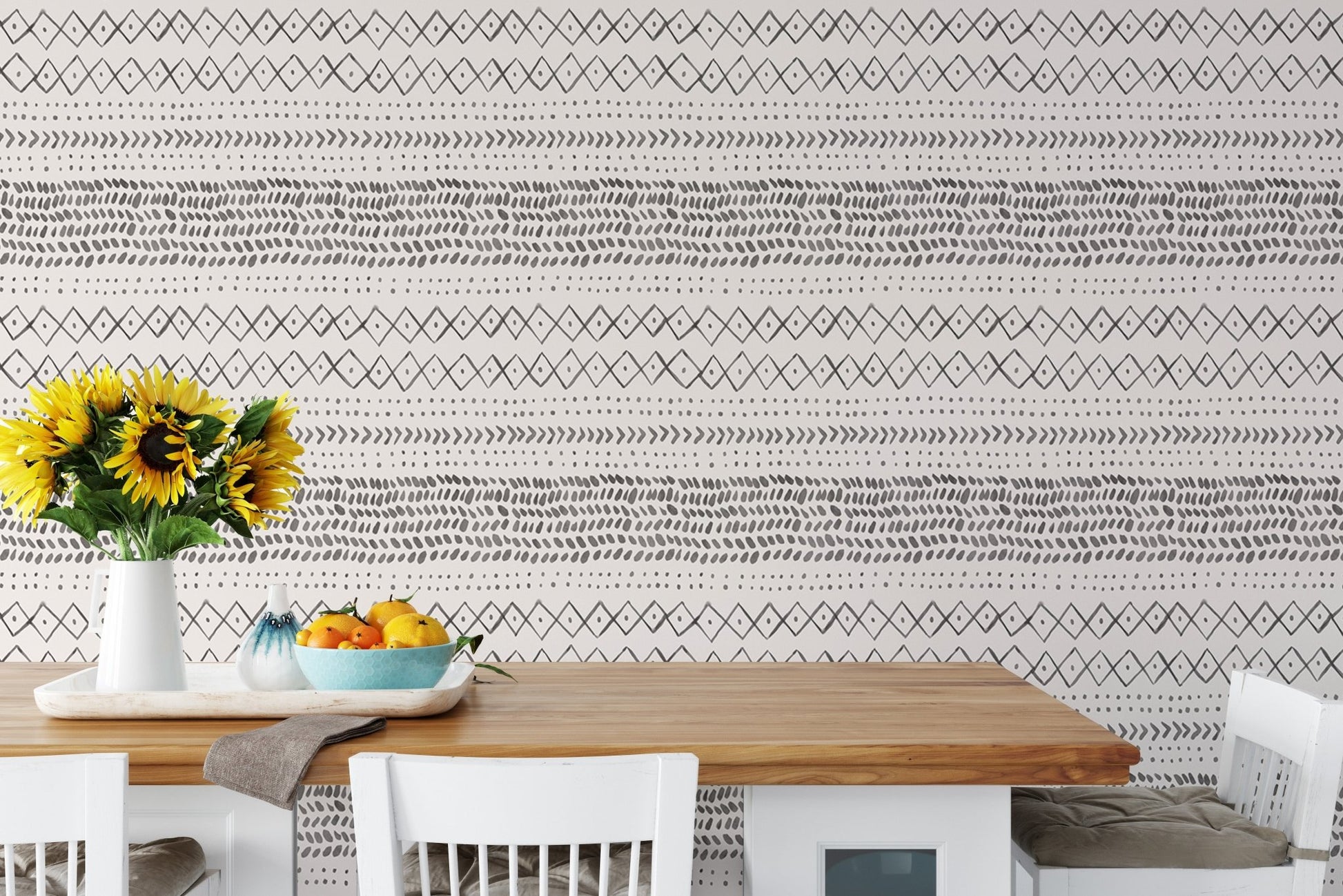 Kitchen breakfast nook with sunflowers and Trendy Boho Abstract Watercolor Ethnic Wall mural.