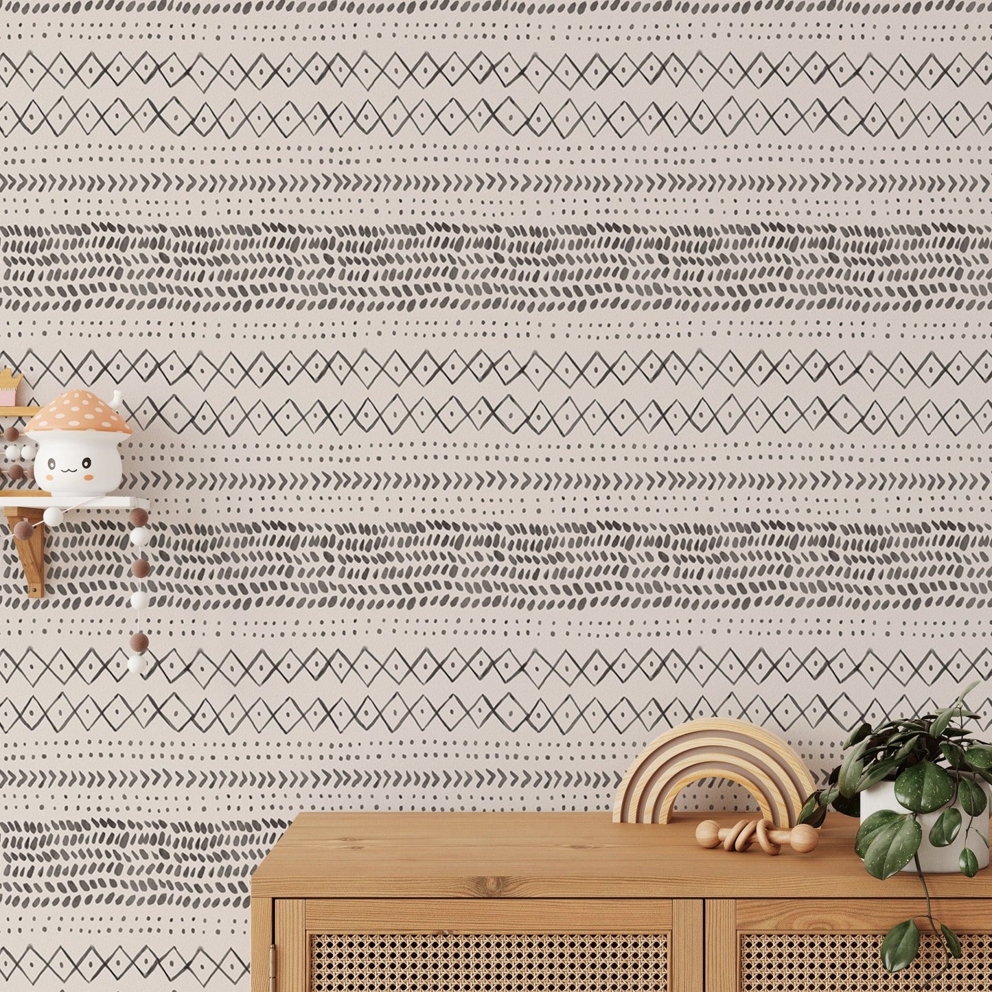 Nursery wall with wooden toys and Trendy Boho Abstract Watercolor Ethnic Wall mural